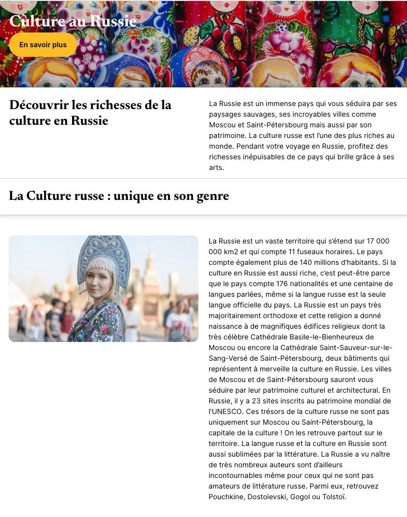 Page Internet. Club Med. Découvrir les richesses de la culture en Russie. Les arts russes - la musique, le joyau de la Russie. La tradition des ballets russes. 2024-02-01